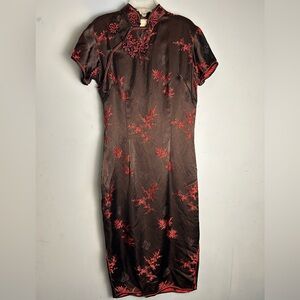 Peony Brand Shanghai Dress Women’s 34 Black Red Floral Cheongsam Traditional